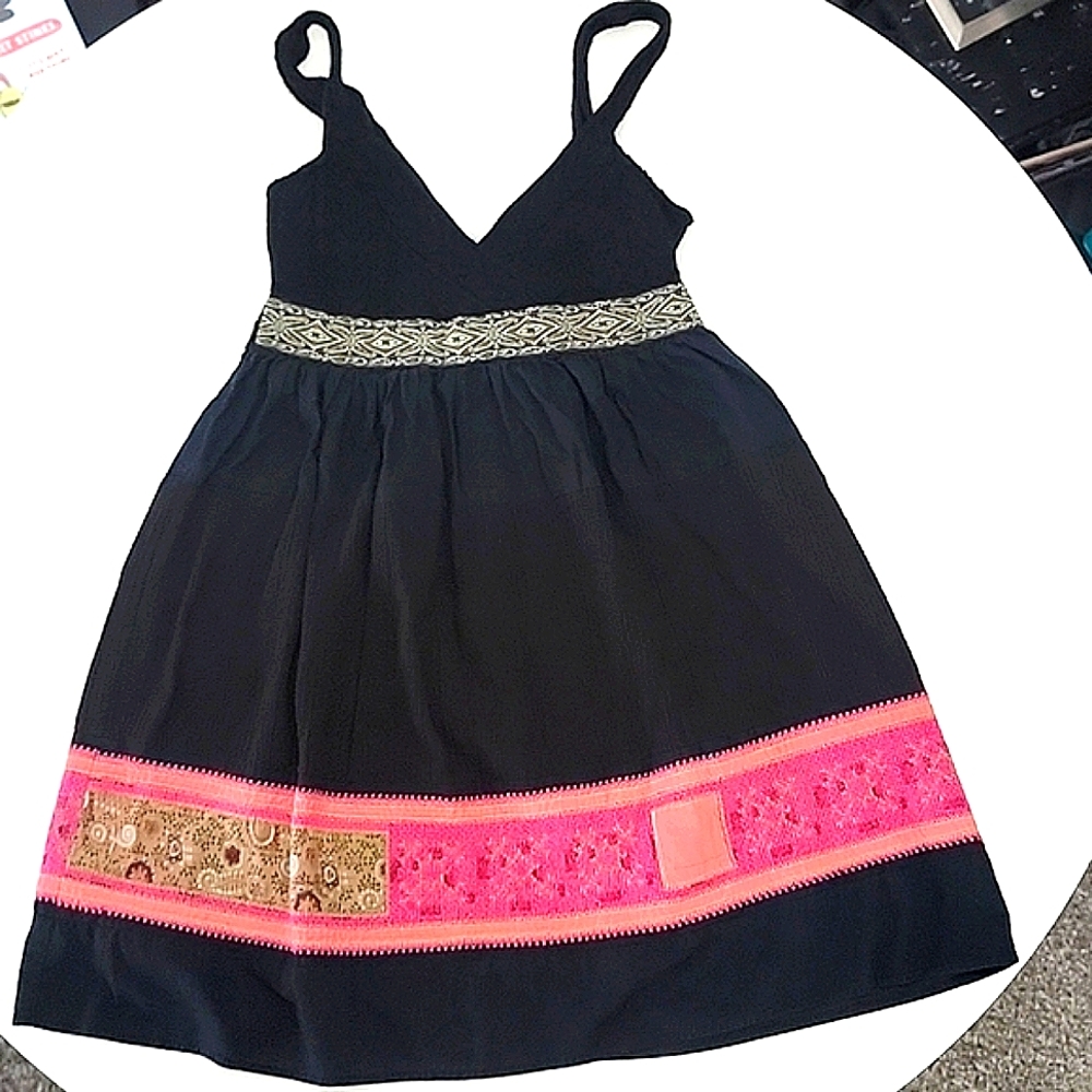 Free People black with pink embroidery boho dress